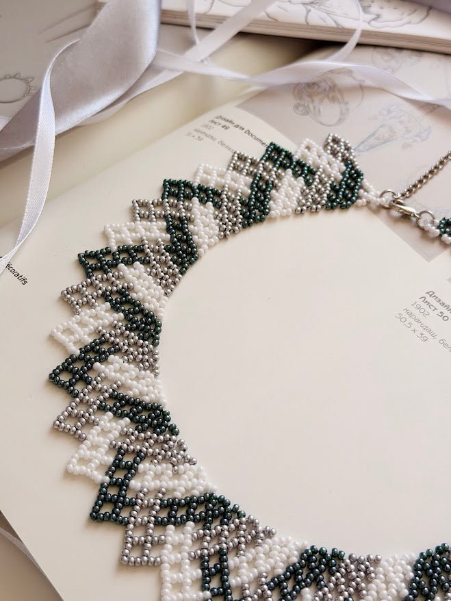 Beaded Necklace "Dark Flame" | Dark Green + Silver | Handmade