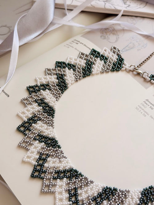 Beaded Necklace "Dark Flame" | Dark Green + Silver | Handmade