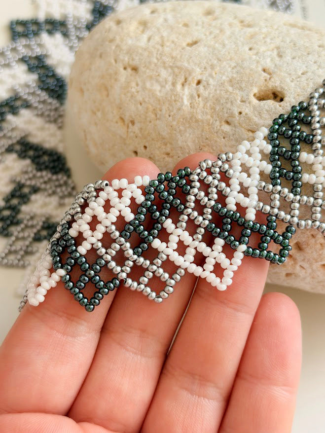 Beaded Necklace "Dark Flame" | Dark Green + Silver | Handmade