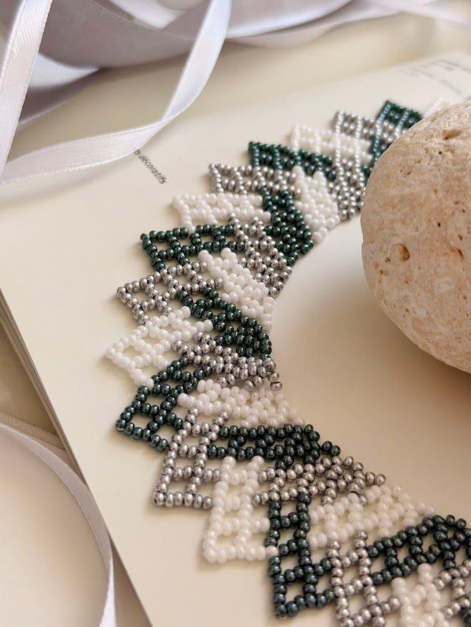 Beaded Necklace "Dark Flame" | Dark Green + Silver | Handmade
