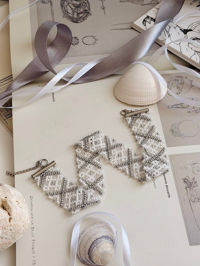 Beaded Choker | White + Silver + Clear | Handmade