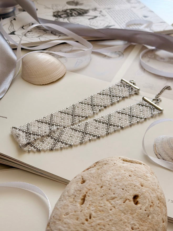 Beaded Choker | White + Silver + Clear | Handmade