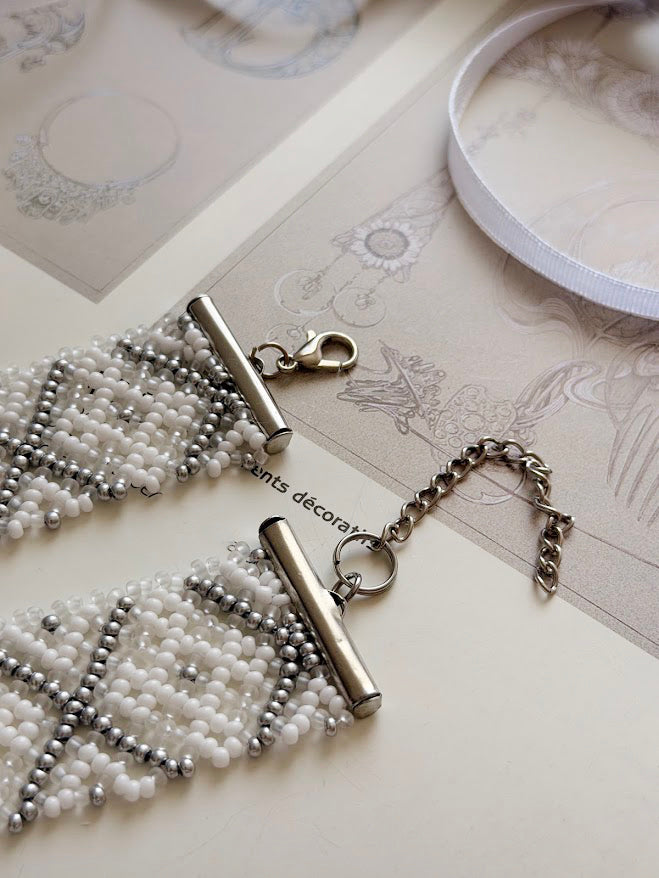 Beaded Choker | White + Silver + Clear | Handmade