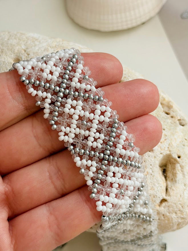 Beaded Choker | White + Silver + Clear | Handmade