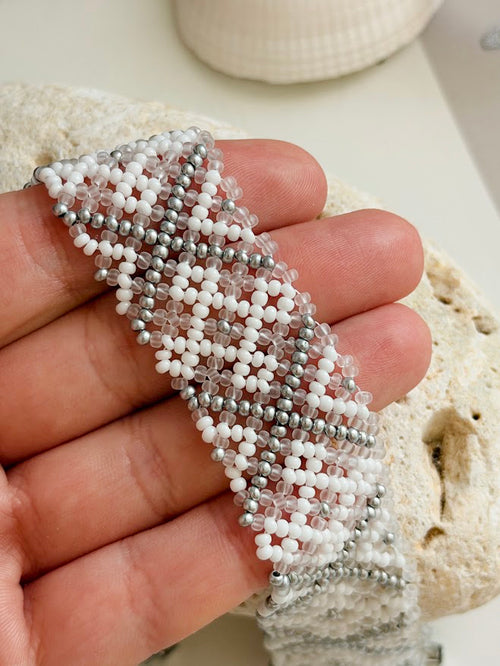 Beaded Choker | White + Silver + Clear | Handmade