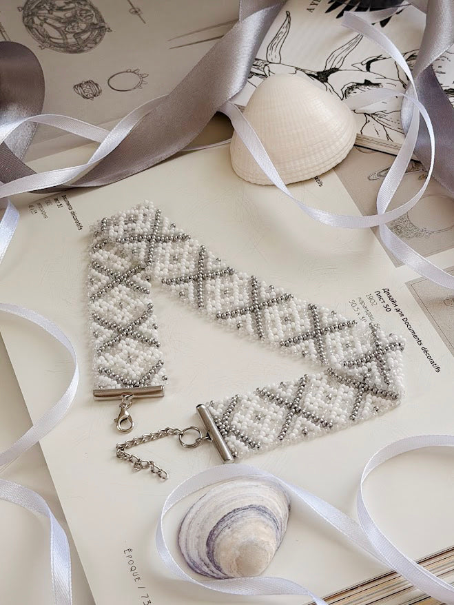 Beaded Choker | White + Silver + Clear | Handmade