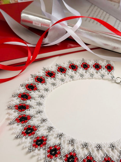 Beaded Necklace "Poppies" | White + Red + Black + Silver | Handmade