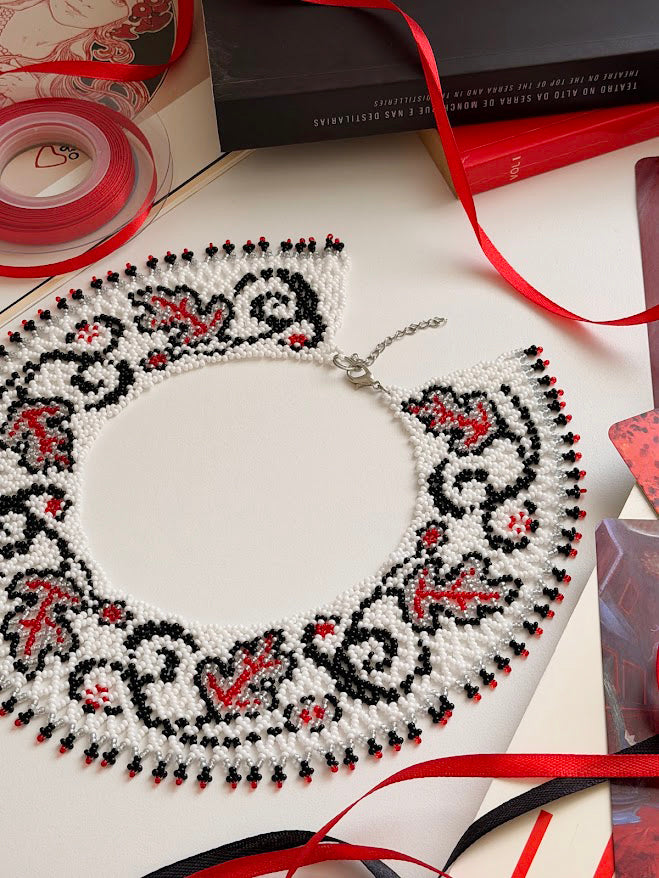 Beaded Necklace "Scarlet Leaves" | Silver, Black & Red | Handmade