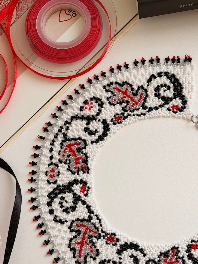 Beaded Necklace "Scarlet Leaves" | Silver, Black & Red | Handmade