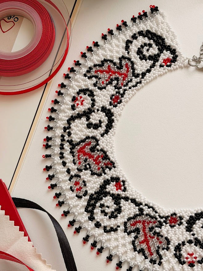 Beaded Necklace "Scarlet Leaves" | Silver, Black & Red | Handmade