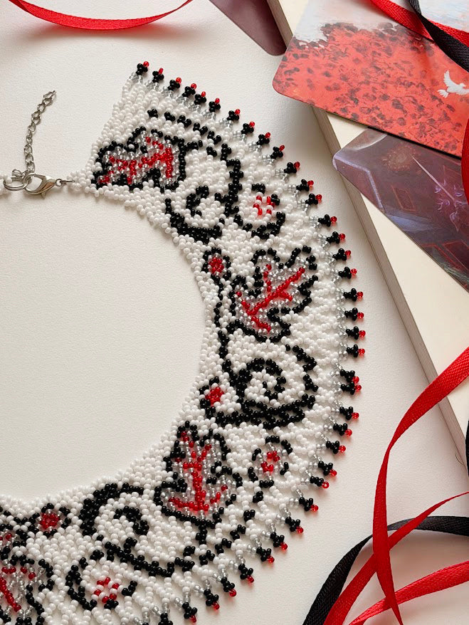 Beaded Necklace "Scarlet Leaves" | Silver, Black & Red | Handmade