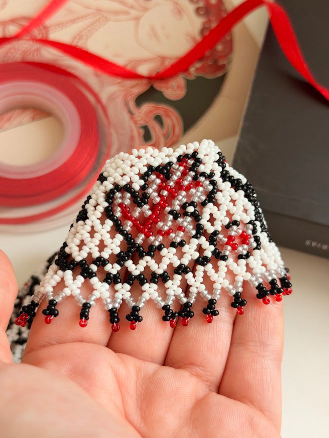 Beaded Necklace "Scarlet Leaves" | Silver, Black & Red | Handmade