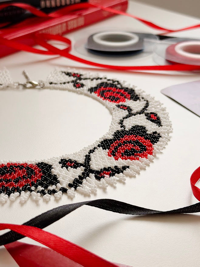 Beaded Necklace "Roses" | White + Red + Black | Handmade