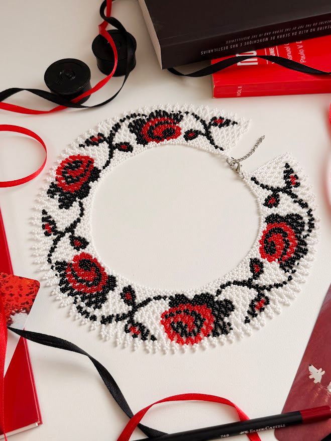 Beaded Necklace "Roses" | White + Red + Black | Handmade