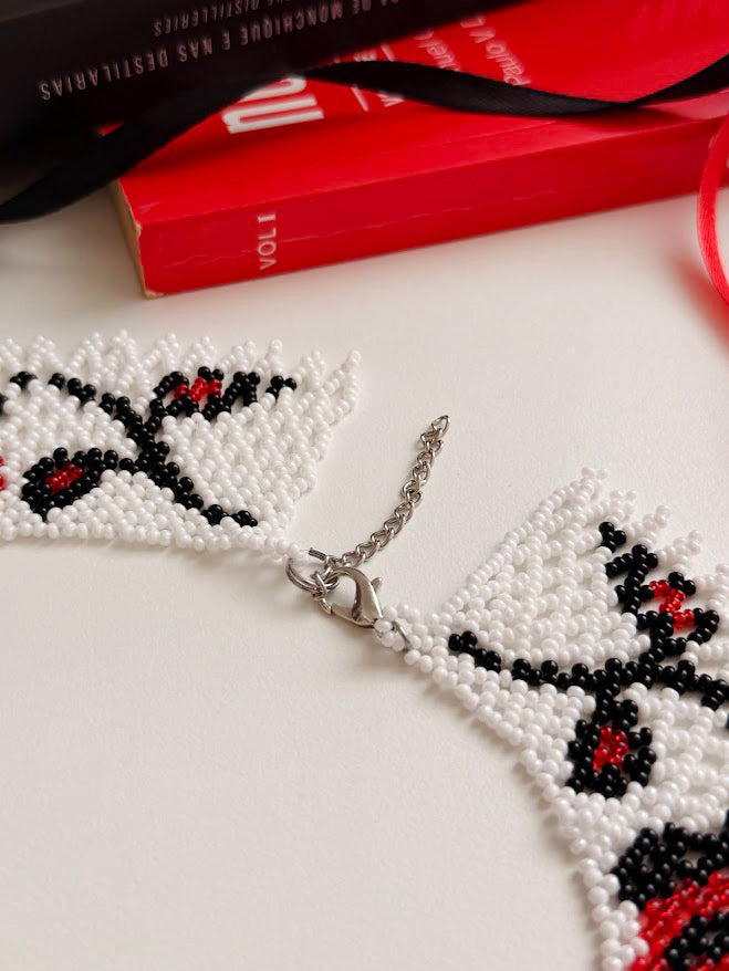 Beaded Necklace "Roses" | White + Red + Black | Handmade