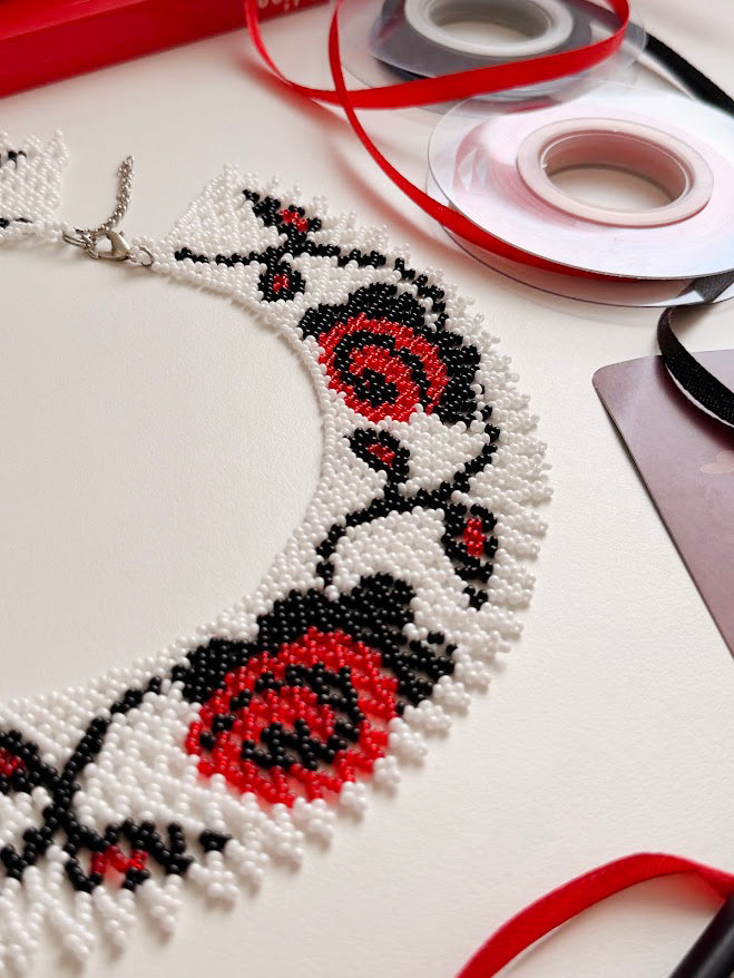 Beaded Necklace "Roses" | White + Red + Black | Handmade