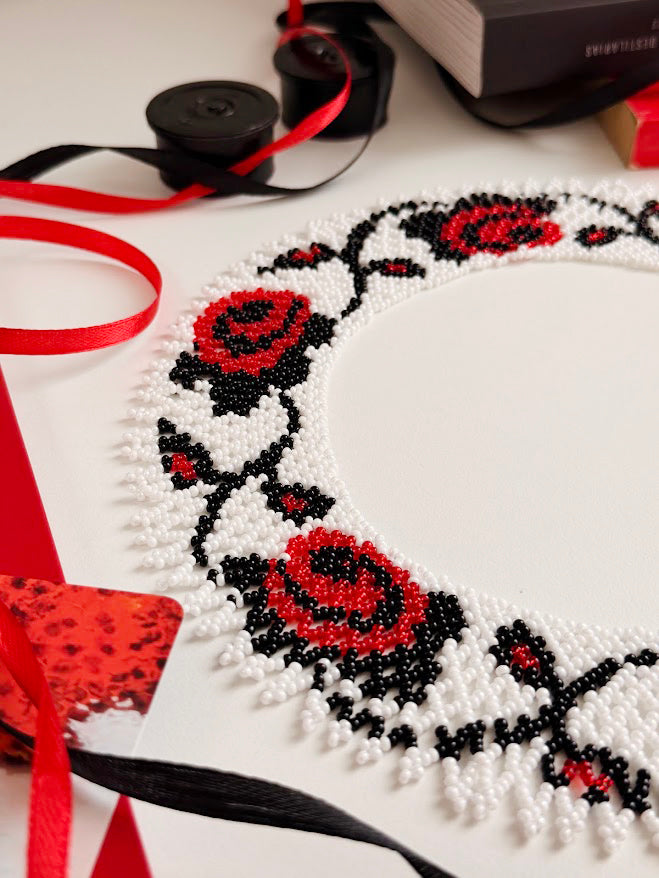 Beaded Necklace "Roses" | White + Red + Black | Handmade