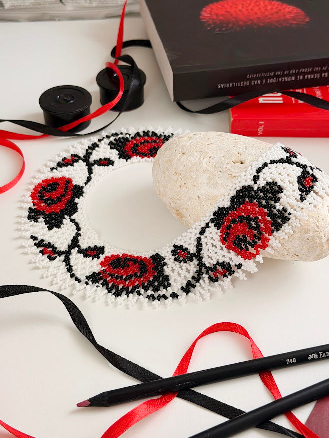 Beaded Necklace "Roses" | White + Red + Black | Handmade