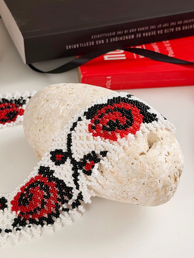 Beaded Necklace "Roses" | White + Red + Black | Handmade