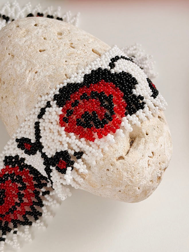 Beaded Necklace "Roses" | White + Red + Black | Handmade