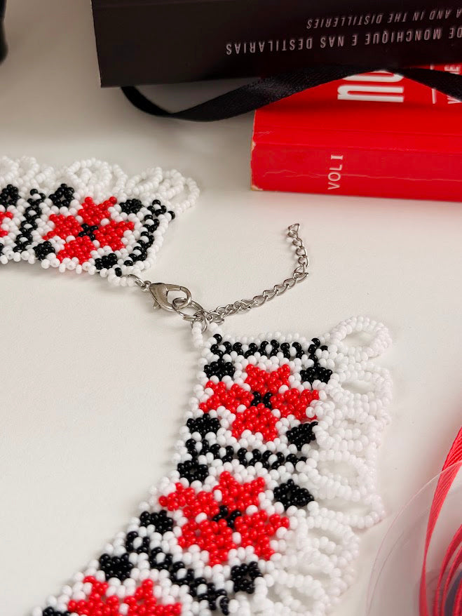 Beaded Necklace "Stars" | Red + White + Black | Handmade