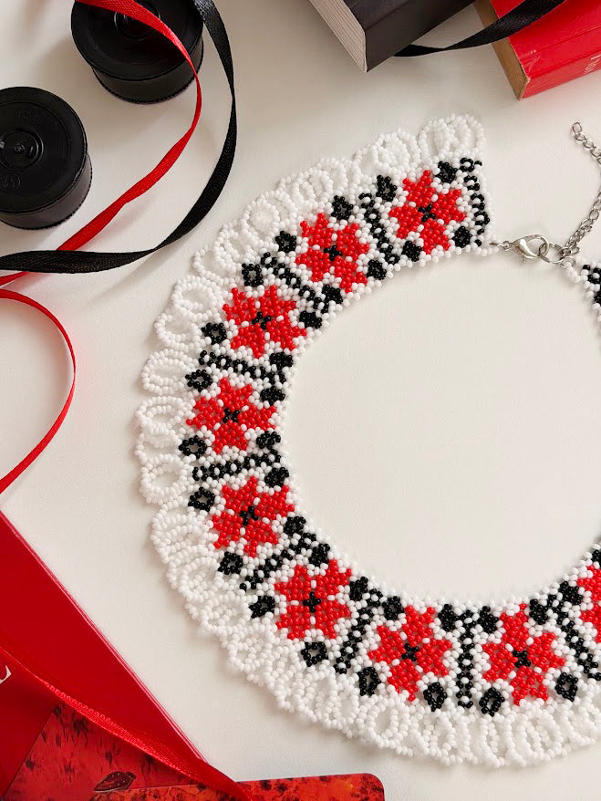 Beaded Necklace "Stars" | Red + White + Black | Handmade