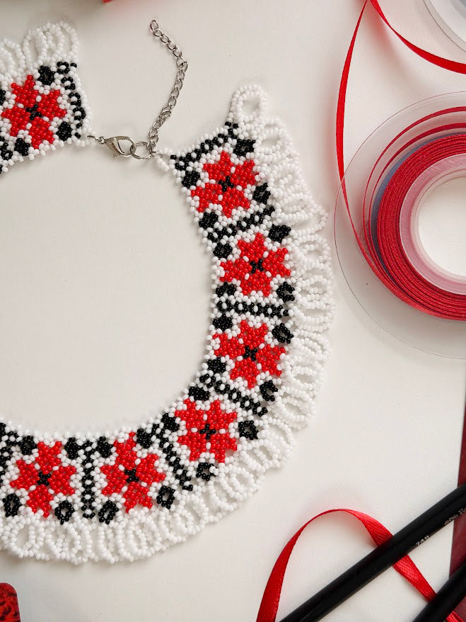 Beaded Necklace "Stars" | Red + White + Black | Handmade