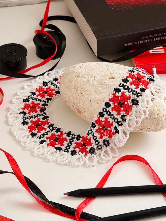 Beaded Necklace "Stars" | Red + White + Black | Handmade
