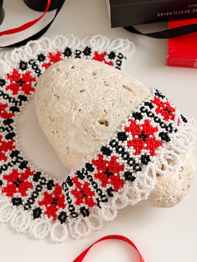 Beaded Necklace "Stars" | Red + White + Black | Handmade