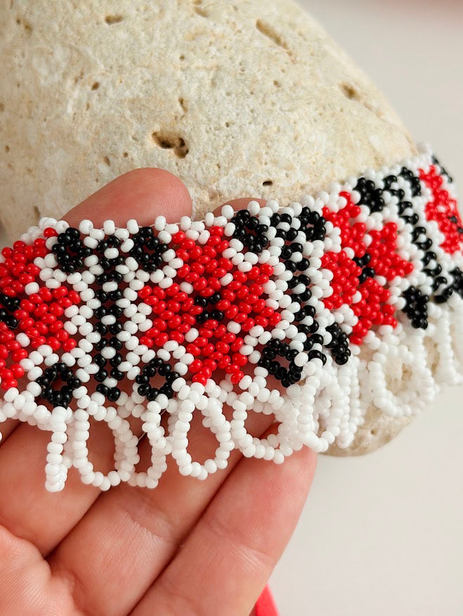 Beaded Necklace "Stars" | Red + White + Black | Handmade