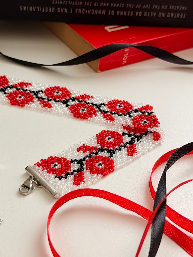 Beaded Set "Poppies" | Choker + Bracelet | Clear + Red + Black | Handmade