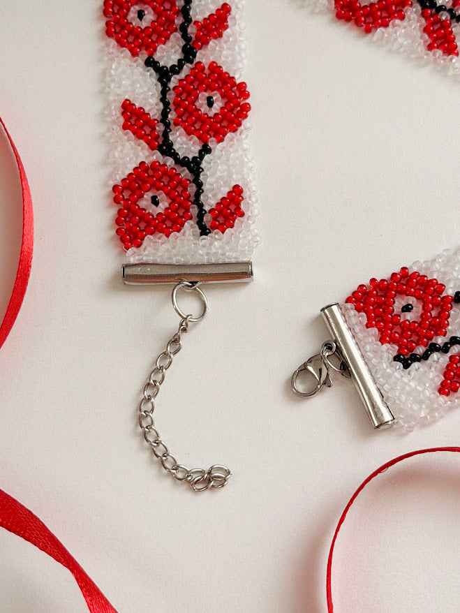 Beaded Set "Poppies" | Choker + Bracelet | Clear + Red + Black | Handmade