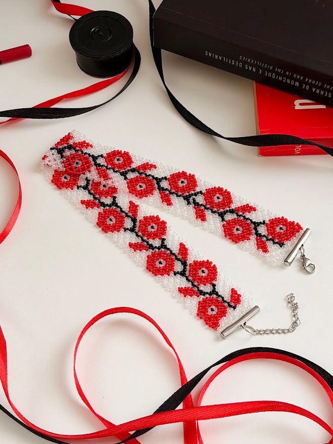 Beaded Set "Poppies" | Choker + Bracelet | Clear + Red + Black | Handmade