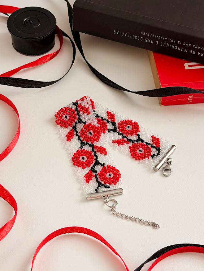 Beaded Set "Poppies" | Choker + Bracelet | Clear + Red + Black | Handmade