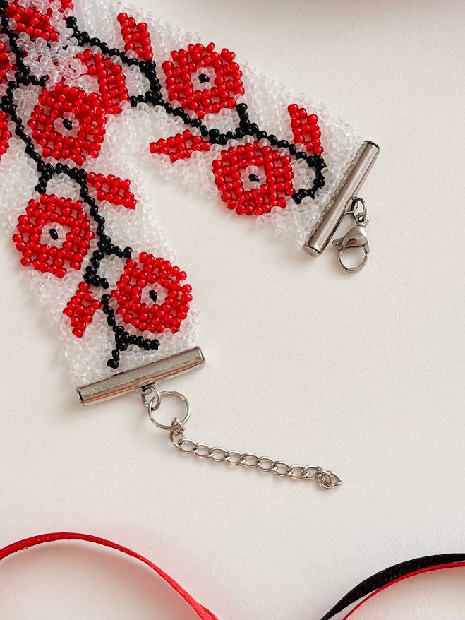 Beaded Set "Poppies" | Choker + Bracelet | Clear + Red + Black | Handmade