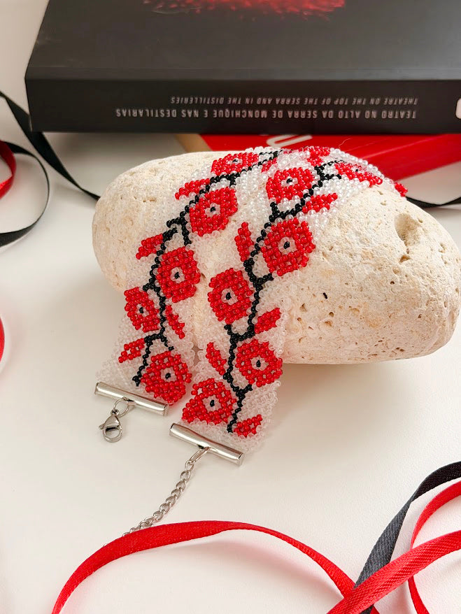 Beaded Set "Poppies" | Choker + Bracelet | Clear + Red + Black | Handmade
