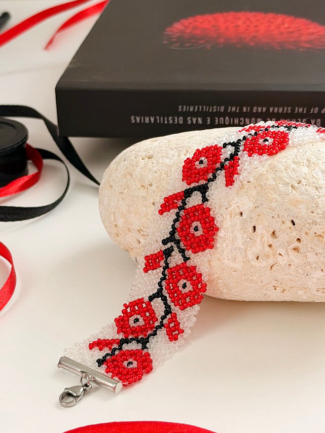 Beaded Set "Poppies" | Choker + Bracelet | Clear + Red + Black | Handmade