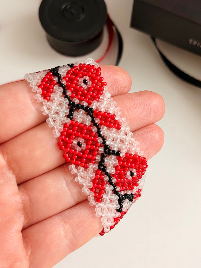 Beaded Set "Poppies" | Choker + Bracelet | Clear + Red + Black | Handmade
