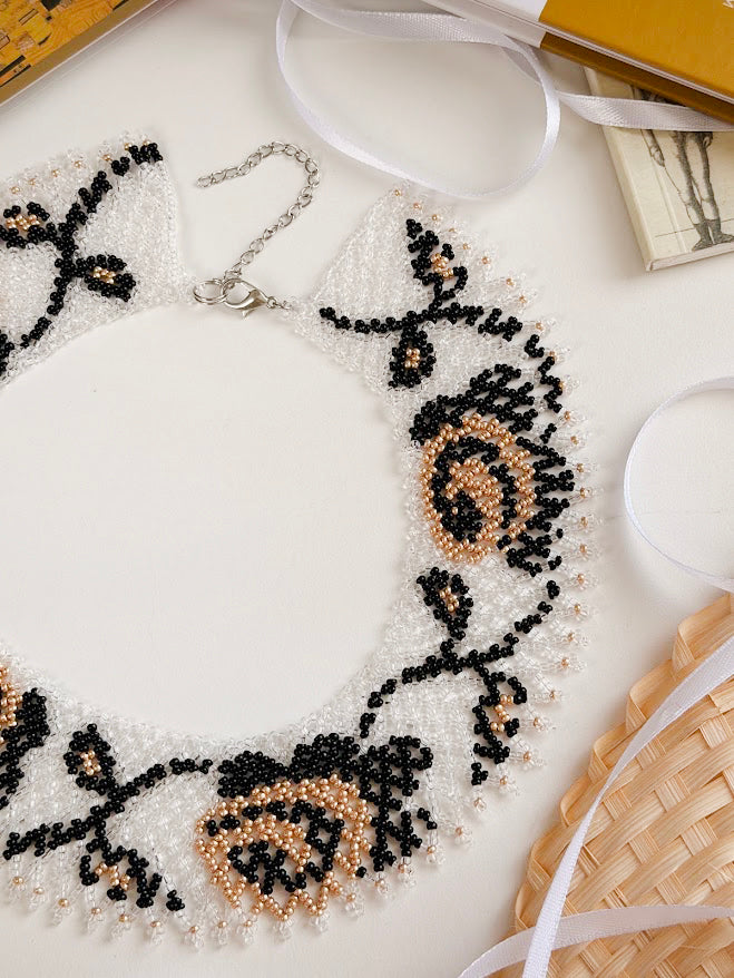 Beaded Necklace "Golden Roses" | Clear + Gold + Black | Handmade