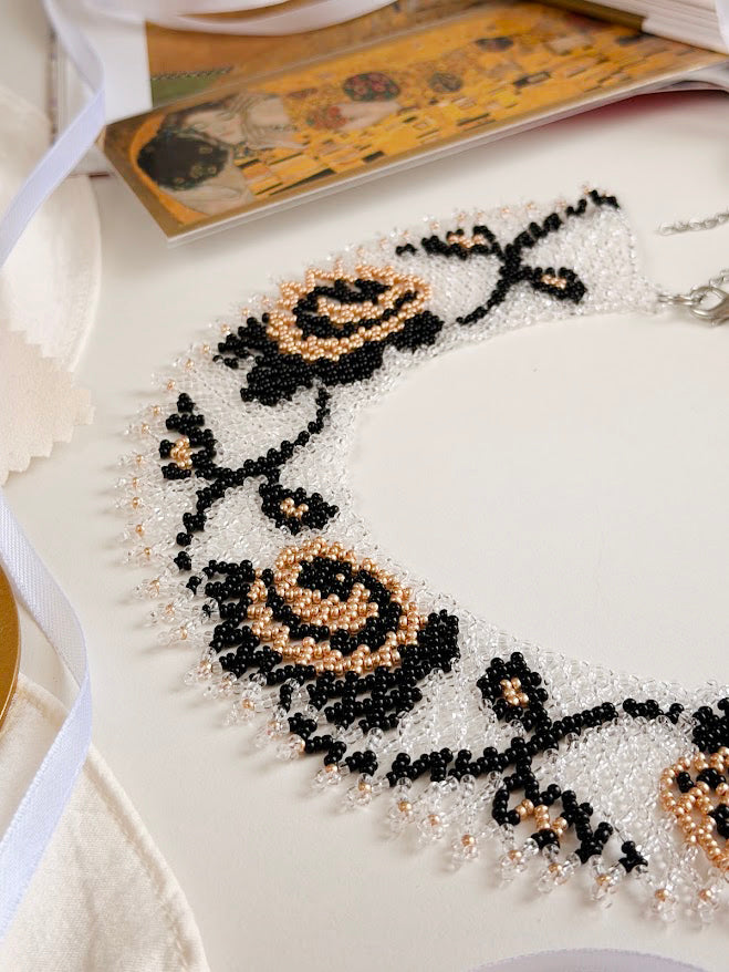 Beaded Necklace "Golden Roses" | Clear + Gold + Black | Handmade