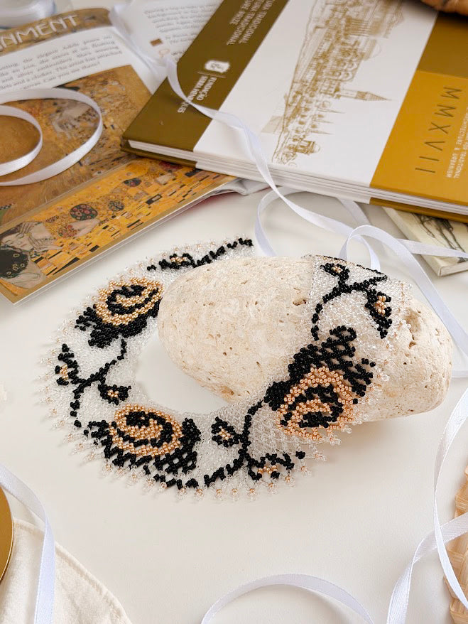 Beaded Necklace "Golden Roses" | Clear + Gold + Black | Handmade