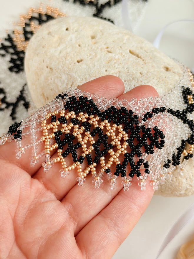 Beaded Necklace "Golden Roses" | Clear + Gold + Black | Handmade