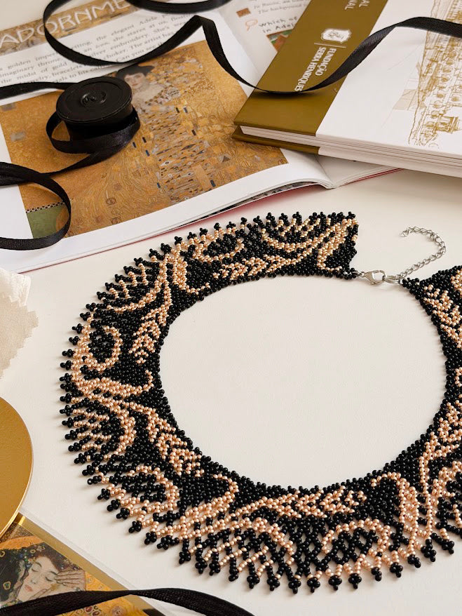 Beaded Necklace "Wheat" | Black + Gold | Handmade