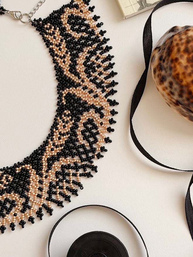 Beaded Necklace "Wheat" | Black + Gold | Handmade