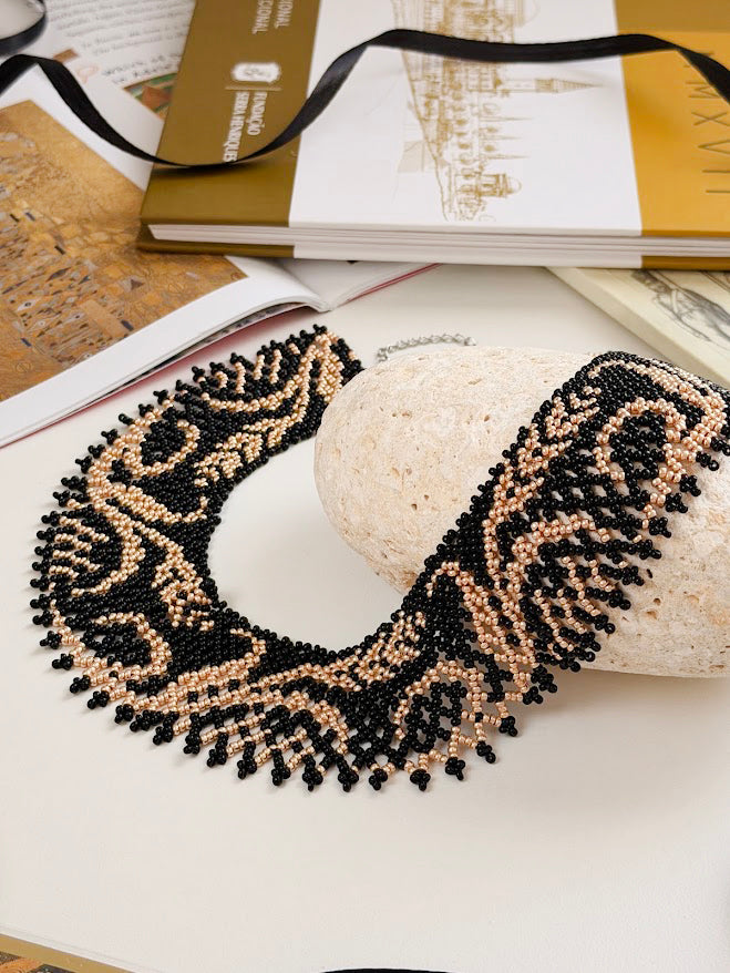 Beaded Necklace "Wheat" | Black + Gold | Handmade