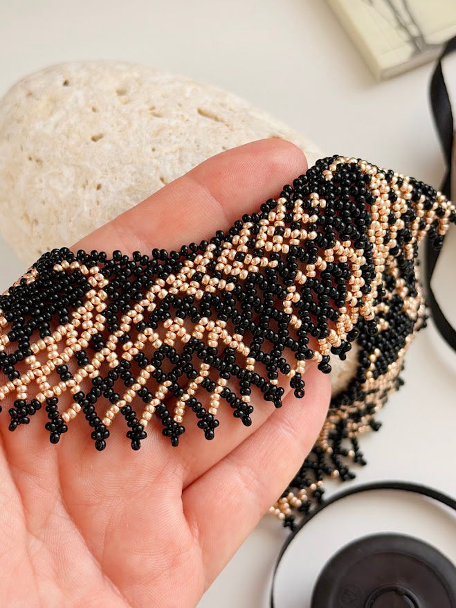 Beaded Necklace "Wheat" | Black + Gold | Handmade