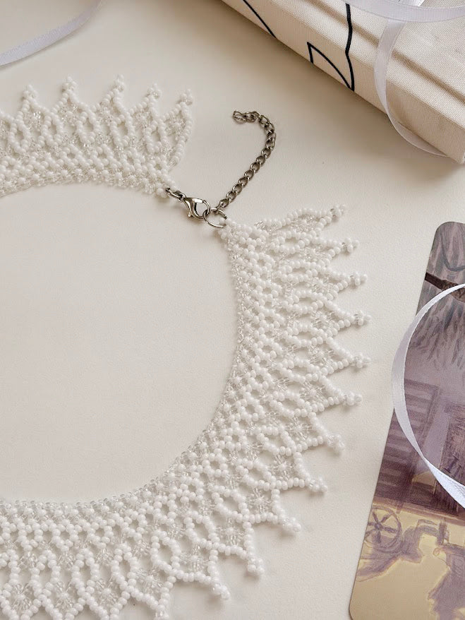 Colar de Contas "Renda de Neve" | Branco e Transparente | Feito à Mão