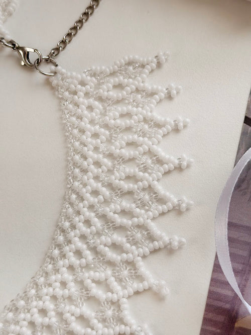 Beaded Necklace "Snow Lace" | White & Transparent | Handmade