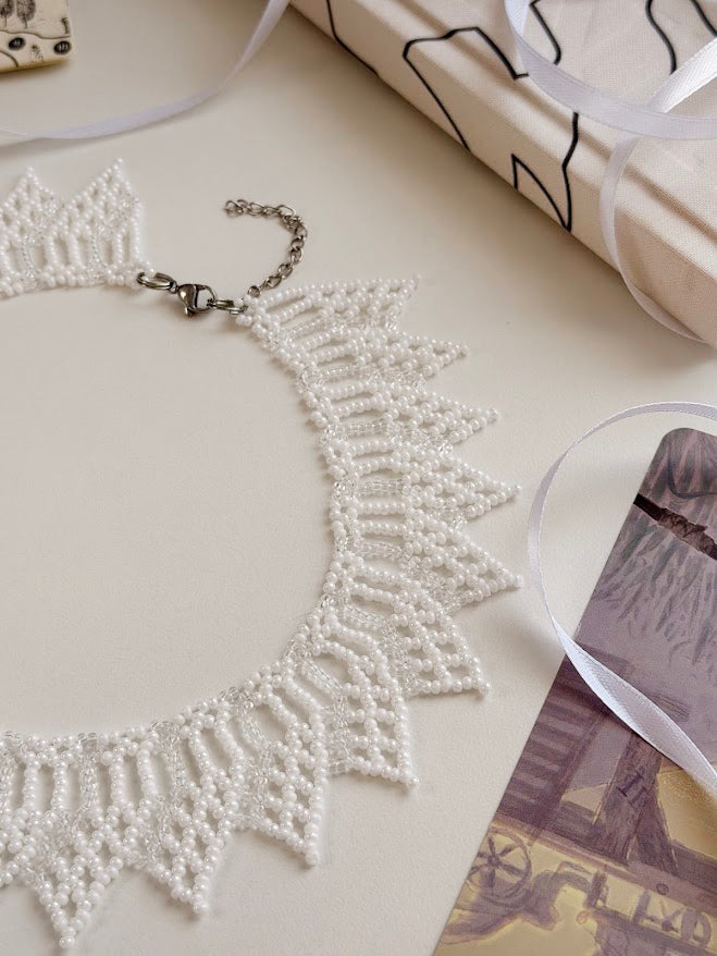 Beaded Necklace "Coastal Bloom" | White & Transparent | Handmade