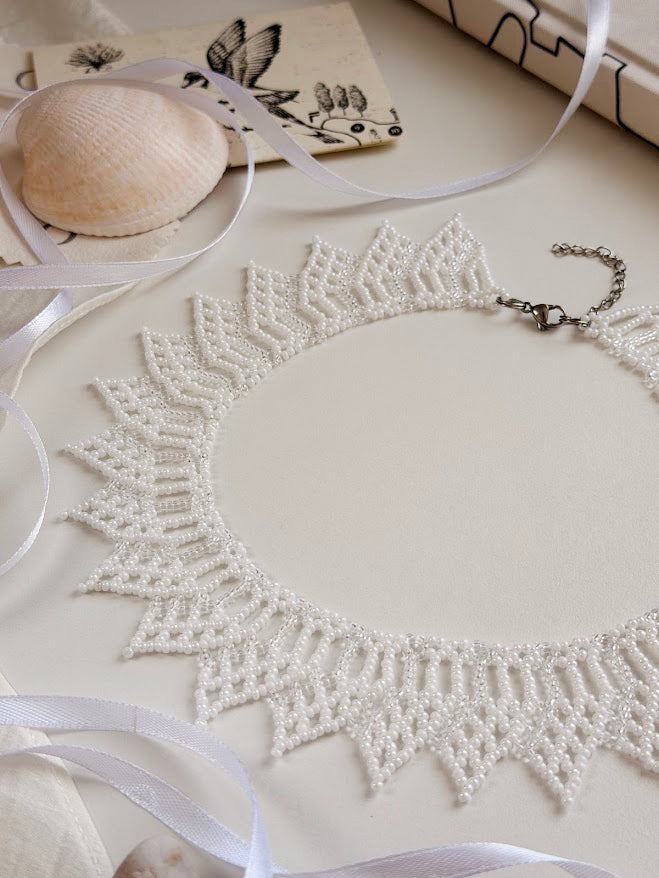 Beaded Necklace "Coastal Bloom" | White & Transparent | Handmade